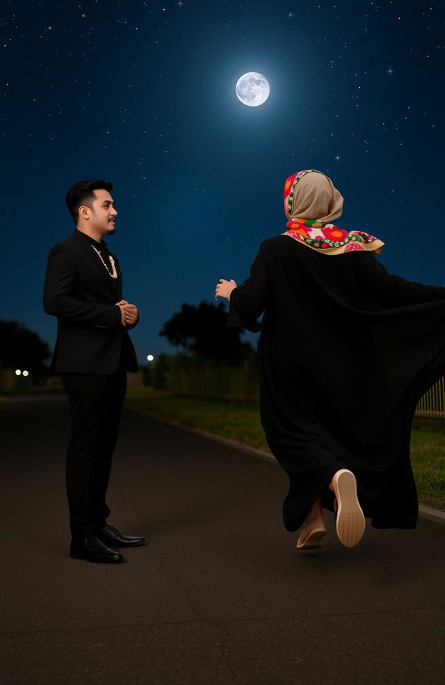 A young man in a sleek black suit standing confidently on a dark footpath, with a stylish chain accentuating his look