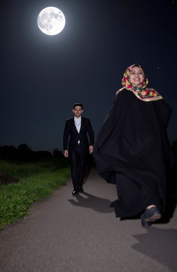 A young man in a sleek black suit standing confidently on a dark footpath, with a stylish chain accentuating his look