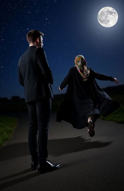 A young man in a sleek black suit standing confidently on a dark footpath, with a stylish chain accentuating his look