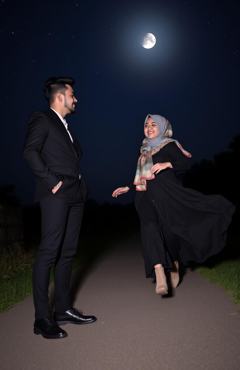 A young man in a sleek black suit standing confidently on a dark footpath, with a stylish chain accentuating his look