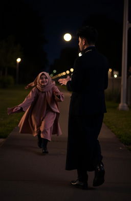 A young American man dressed in a sleek black suit stands on a dark footpath, looking attentive and welcoming