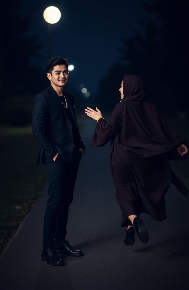 A young American man dressed in a sleek black suit stands on a dark footpath, looking attentive and welcoming