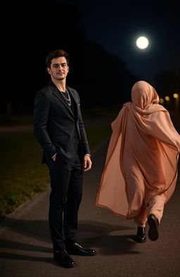 A young American man dressed in a sleek black suit stands on a dark footpath, looking attentive and welcoming
