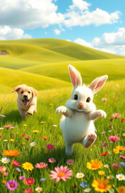 A whimsical and playful scene depicting a sweet, fluffy bunny being playfully chased by a cheerful, mischievous puppy in a vibrant, sunlit meadow filled with colorful wildflowers