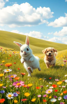 A whimsical and playful scene depicting a sweet, fluffy bunny being playfully chased by a cheerful, mischievous puppy in a vibrant, sunlit meadow filled with colorful wildflowers