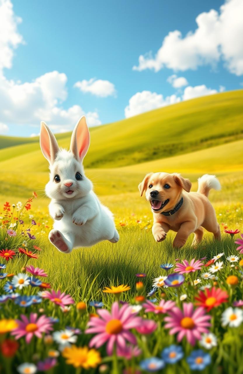 A whimsical and playful scene depicting a sweet, fluffy bunny being playfully chased by a cheerful, mischievous puppy in a vibrant, sunlit meadow filled with colorful wildflowers