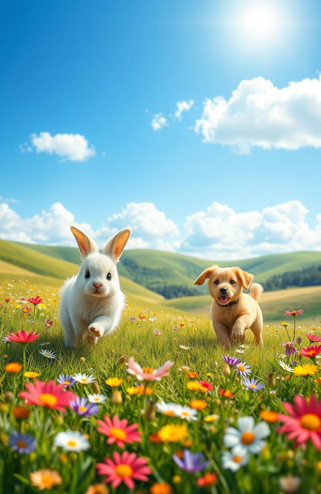 A whimsical and playful scene depicting a sweet, fluffy bunny being playfully chased by a cheerful, mischievous puppy in a vibrant, sunlit meadow filled with colorful wildflowers