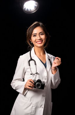 A female doctor, wearing a white lab coat and a stethoscope around her neck, stands confidently under a dramatic spotlight
