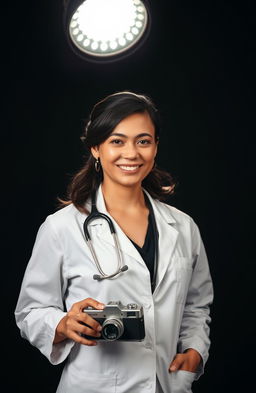 A female doctor, wearing a white lab coat and a stethoscope around her neck, stands confidently under a dramatic spotlight