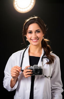 A female doctor, wearing a white lab coat and a stethoscope around her neck, stands confidently under a dramatic spotlight