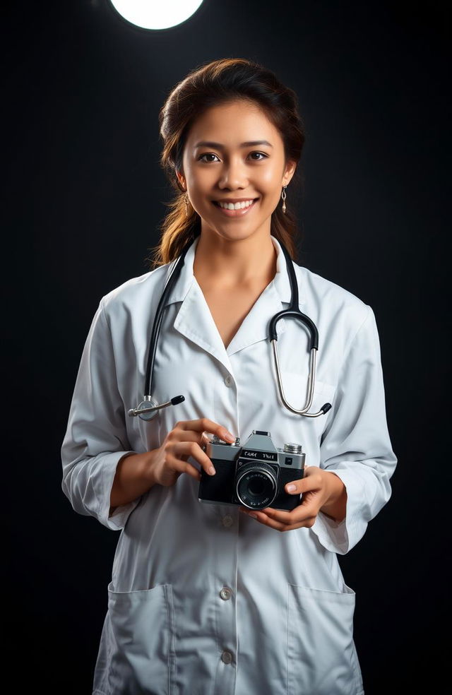 A female doctor, wearing a white lab coat and a stethoscope around her neck, stands confidently under a dramatic spotlight