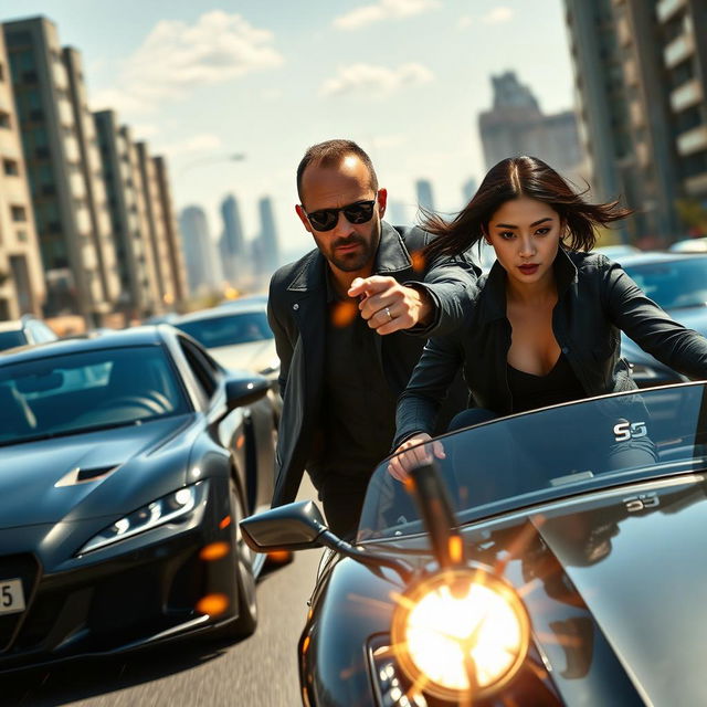 A dynamic trailer scene featuring Jason Statham as Frank Martin, showcasing high-octane action and thrilling car chases