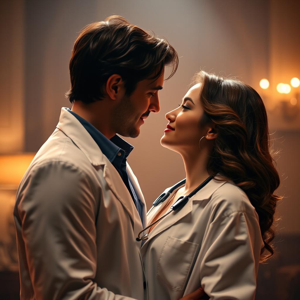 A romantic scene featuring a female doctor who is also an actress, elegantly dressed in her white lab coat, symbolizing her dedication to medicine