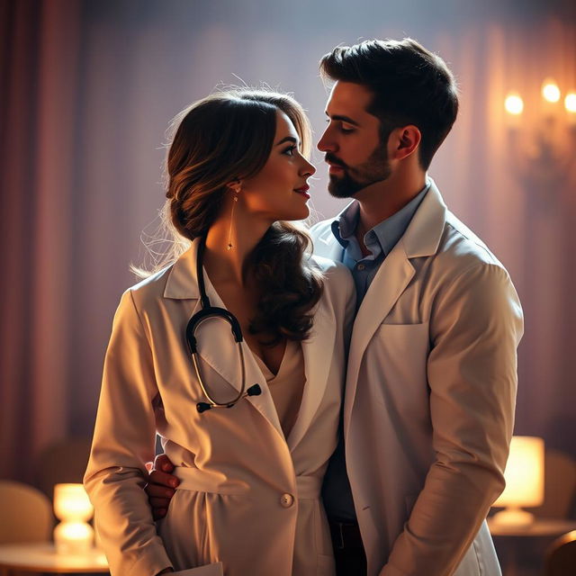 A romantic scene featuring a female doctor who is also an actress, elegantly dressed in her white lab coat, symbolizing her dedication to medicine