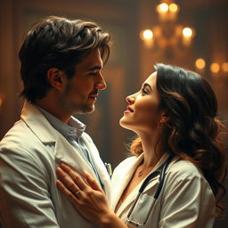 A romantic scene featuring a female doctor who is also an actress, elegantly dressed in her white lab coat, symbolizing her dedication to medicine