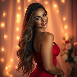 A stunningly beautiful woman with long flowing hair, wearing a seductive, form-fitting red dress that emphasizes her curves