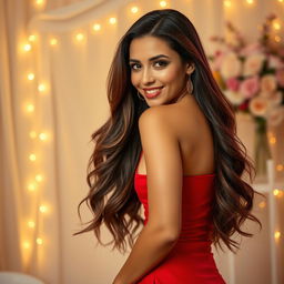 A stunningly beautiful woman with long flowing hair, wearing a seductive, form-fitting red dress that emphasizes her curves