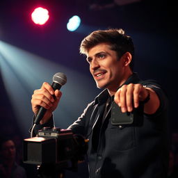 A dynamic scene featuring an actor captured in the spotlight, exuding charisma and confidence