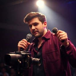 A dynamic scene featuring an actor captured in the spotlight, exuding charisma and confidence