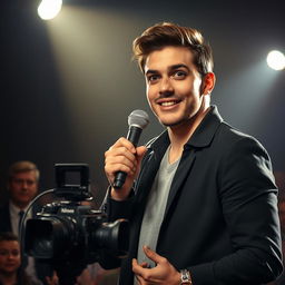 A dynamic scene featuring an actor captured in the spotlight, exuding charisma and confidence
