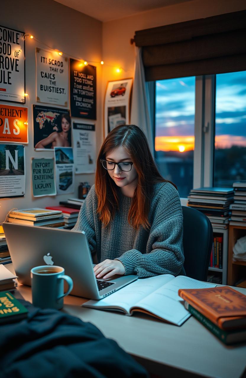 A student sitting at a desk in a cozy college dorm room, surrounded by books and supplies