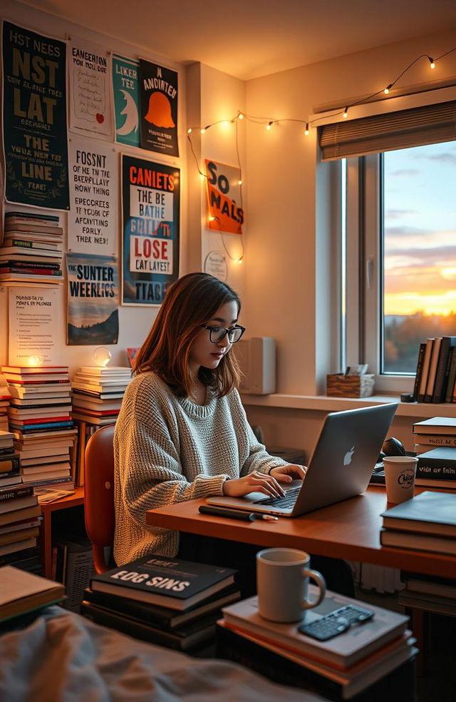 A student sitting at a desk in a cozy college dorm room, surrounded by books and supplies