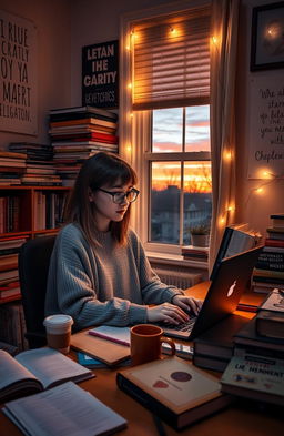 A student sitting at a desk in a cozy college dorm room, surrounded by books and supplies