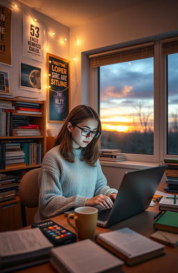 A student sitting at a desk in a cozy college dorm room, surrounded by books and supplies