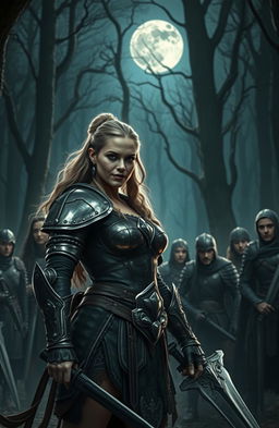 A captivating scene featuring a fierce warrior leader in a dark, enchanted forest