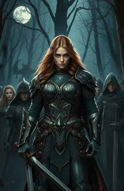 A captivating scene featuring a fierce warrior leader in a dark, enchanted forest