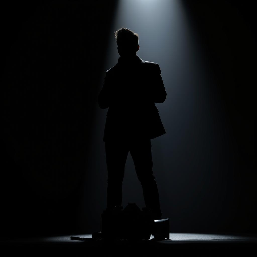 A striking silhouette of an actor standing confidently in a spotlight, exuding an aura of charisma and mystery