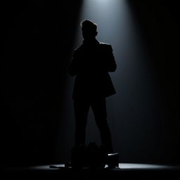 A striking silhouette of an actor standing confidently in a spotlight, exuding an aura of charisma and mystery