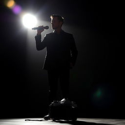 A striking silhouette of an actor standing confidently in a spotlight, exuding an aura of charisma and mystery