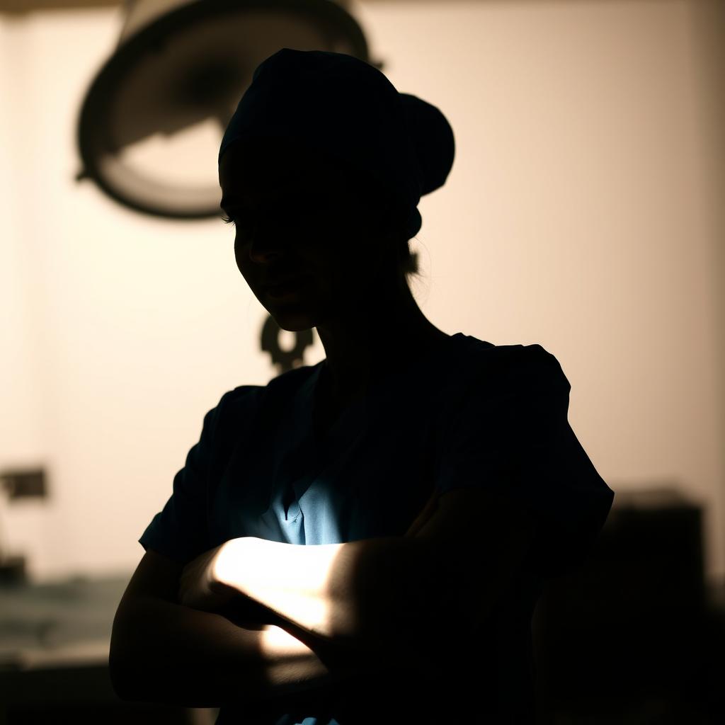 A striking silhouette of a female surgeon standing confidently, her figure outlined against a soft, illuminated background