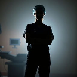 A striking silhouette of a female surgeon standing confidently, her figure outlined against a soft, illuminated background
