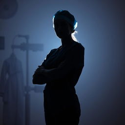 A striking silhouette of a female surgeon standing confidently, her figure outlined against a soft, illuminated background