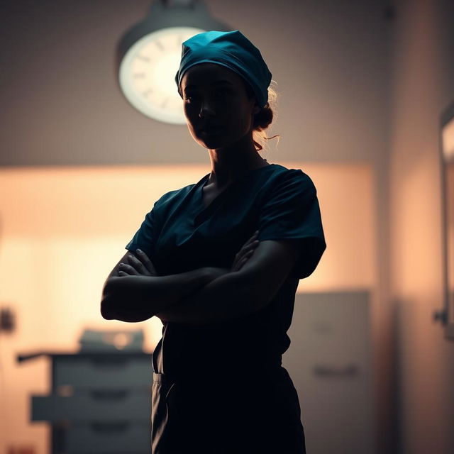 A striking silhouette of a female surgeon standing confidently, her figure outlined against a soft, illuminated background