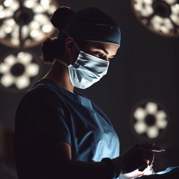 A powerful silhouette of a female surgeon engaged in a surgical operation, her confident figure illuminated by the soft glow of overhead lights