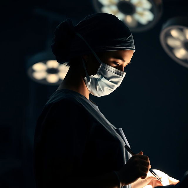 A powerful silhouette of a female surgeon engaged in a surgical operation, her confident figure illuminated by the soft glow of overhead lights