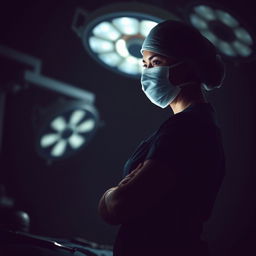 A powerful silhouette of a female surgeon engaged in a surgical operation, her confident figure illuminated by the soft glow of overhead lights