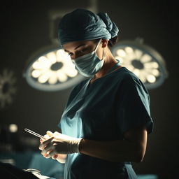 A powerful silhouette of a female surgeon engaged in a surgical operation, her confident figure illuminated by the soft glow of overhead lights