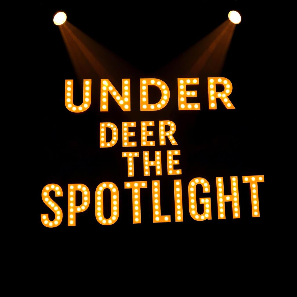 The phrase 'Under The Spotlight' artistically rendered in bold, illuminated letters that appear to glow against a dark background