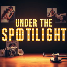 The phrase 'Under The Spotlight' rendered in bold, illuminated letters, glowing vibrantly against a softly focused background that features gentle images of lovers embracing, a vintage camera, and a medical stethoscope