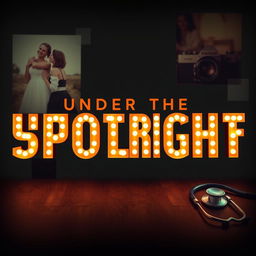 The phrase 'Under The Spotlight' rendered in bold, illuminated letters, glowing vibrantly against a softly focused background that features gentle images of lovers embracing, a vintage camera, and a medical stethoscope