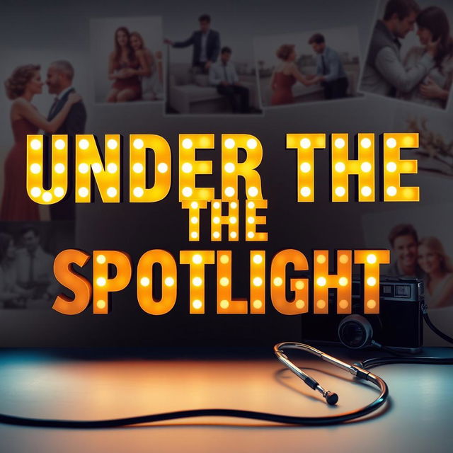 The phrase 'Under The Spotlight' rendered in bold, illuminated letters, glowing vibrantly against a softly focused background that features gentle images of lovers embracing, a vintage camera, and a medical stethoscope