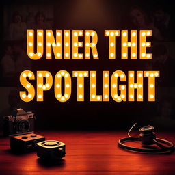 The phrase 'Under The Spotlight' rendered in bold, illuminated letters, glowing vibrantly against a softly focused background that features gentle images of lovers embracing, a vintage camera, and a medical stethoscope
