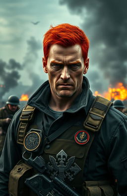 A captivating scene depicting a former naval officer with bright red hair, now a hardened killer and criminal, standing resolute and grim in a war zone