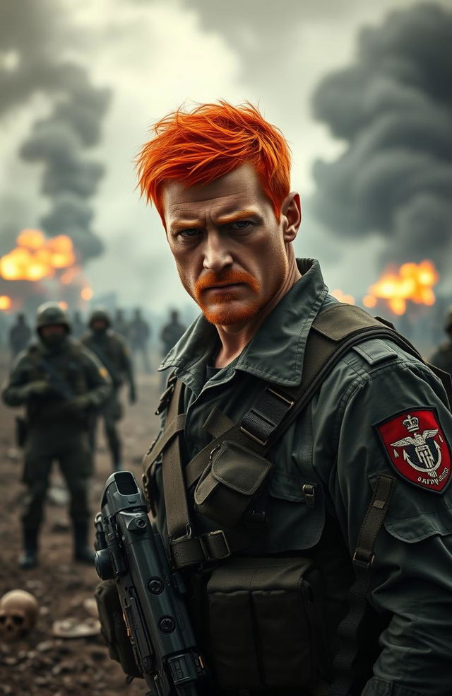 A captivating scene depicting a former naval officer with bright red hair, now a hardened killer and criminal, standing resolute and grim in a war zone