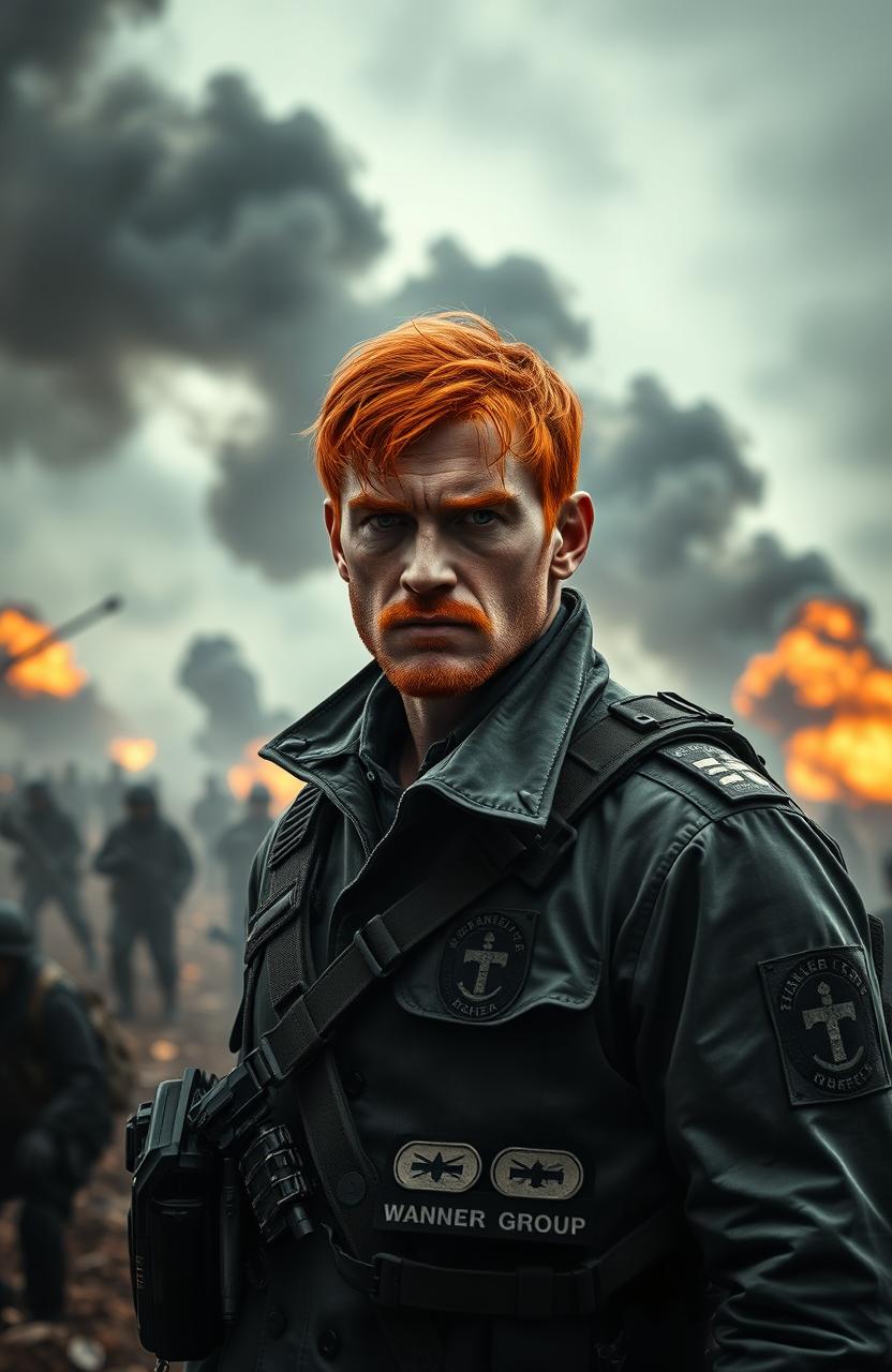 A captivating scene depicting a former naval officer with bright red hair, now a hardened killer and criminal, standing resolute and grim in a war zone