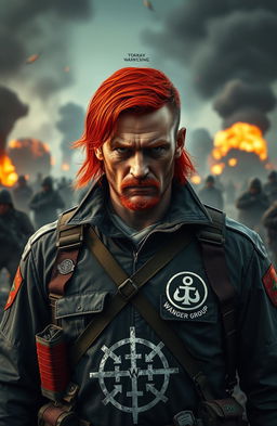 A captivating scene depicting a former naval officer with bright red hair, now a hardened killer and criminal, standing resolute and grim in a war zone